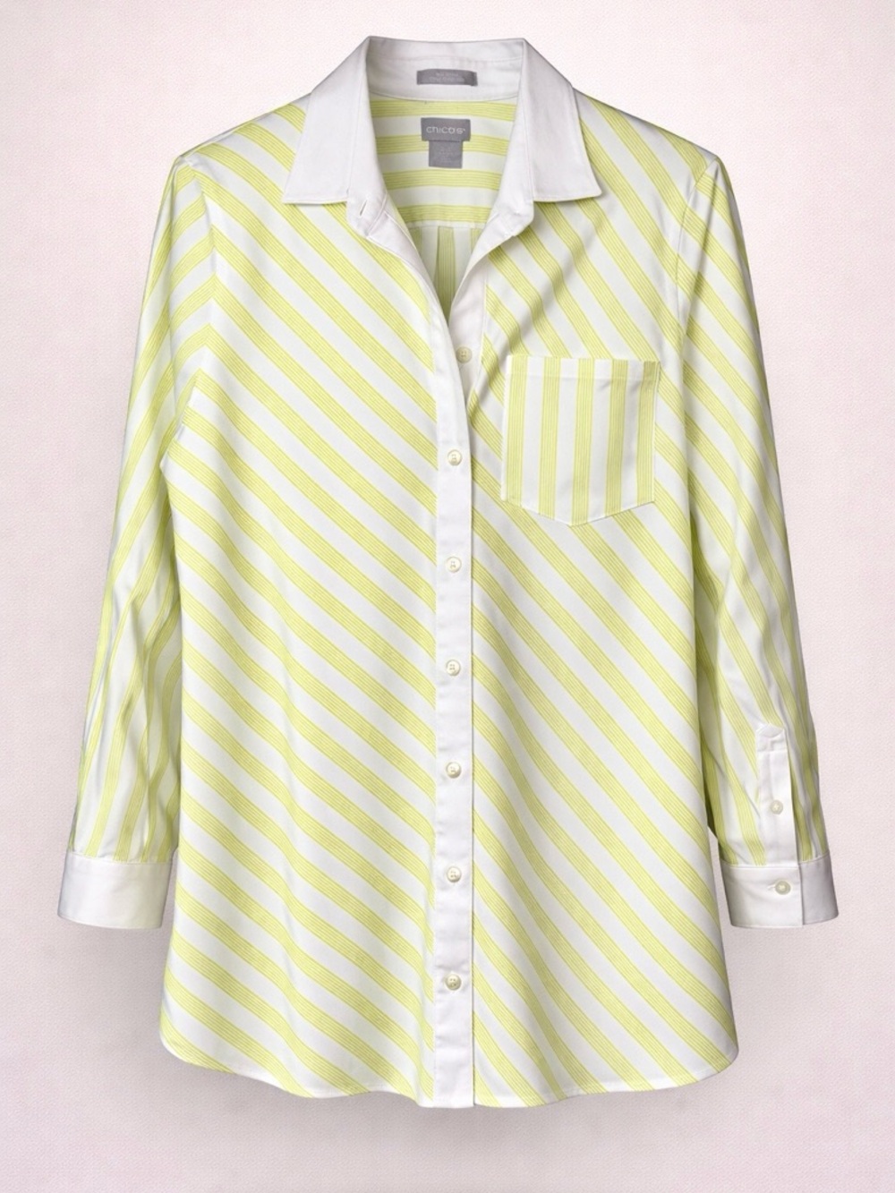 Chico’s No Iron Chic Stretch Button Down Shirt 2.5 US 14 Green White Striped